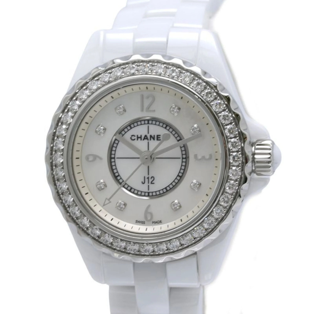 CHANEL J12 Diamond Bezel 8P H2572 Women's Watch White Ceramic x Stainless Ste...
